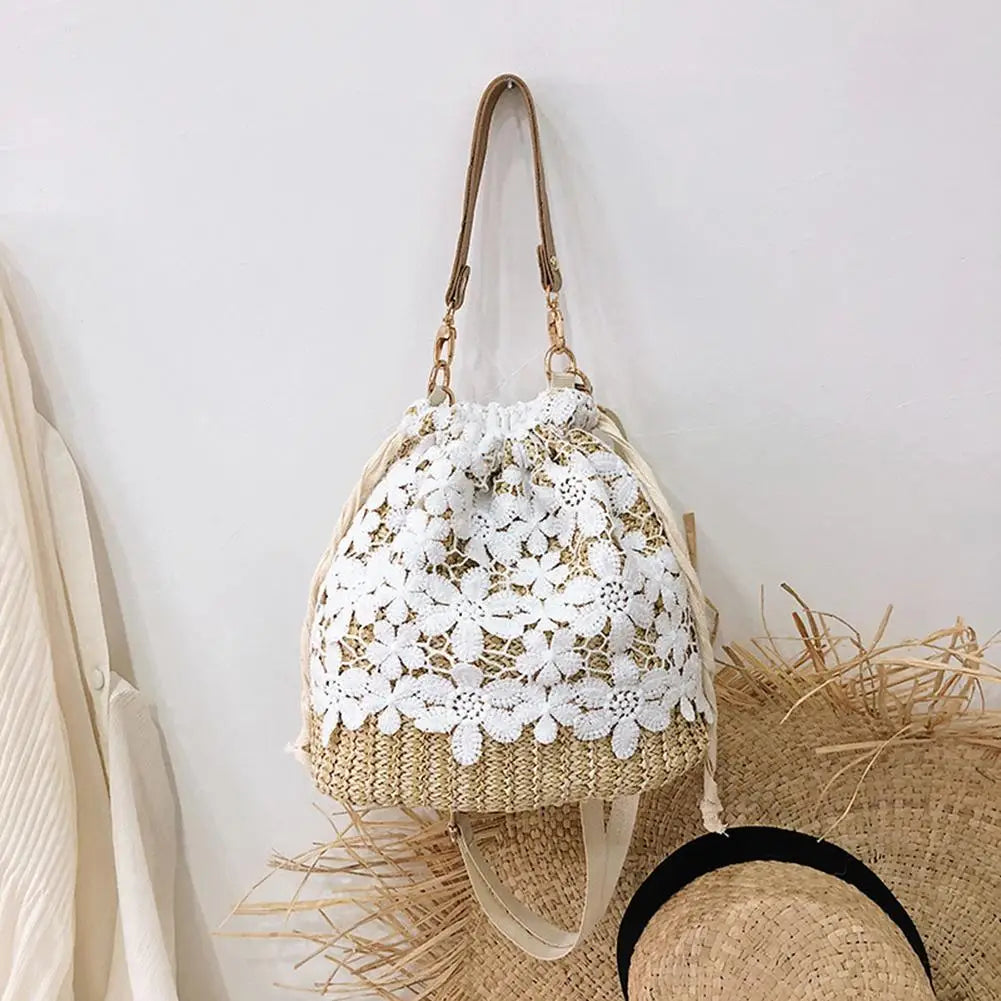 Flower Lace Straw Bags For Women Rattan Bucket Shoulder Bags Female Handbags