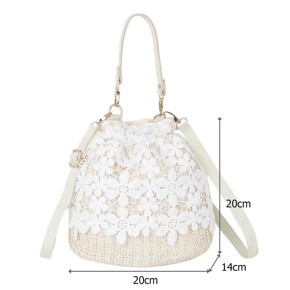 Flower Lace Straw Bags For Women Rattan Bucket Shoulder Bags Female Handbags