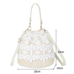 Flower Lace Straw Bags For Women Rattan Bucket Shoulder Bags Female Handbags
