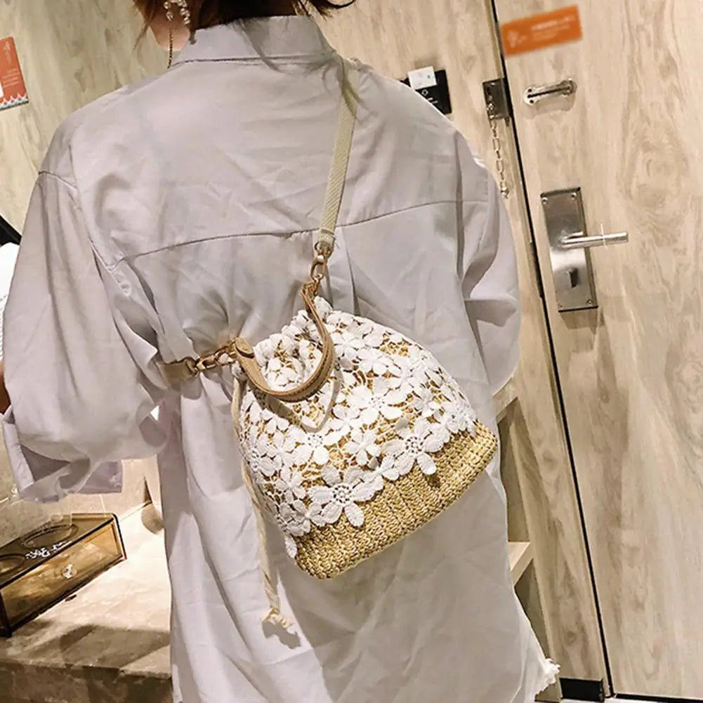 Flower Lace Straw Bags For Women Rattan Bucket Shoulder Bags Female Handbags