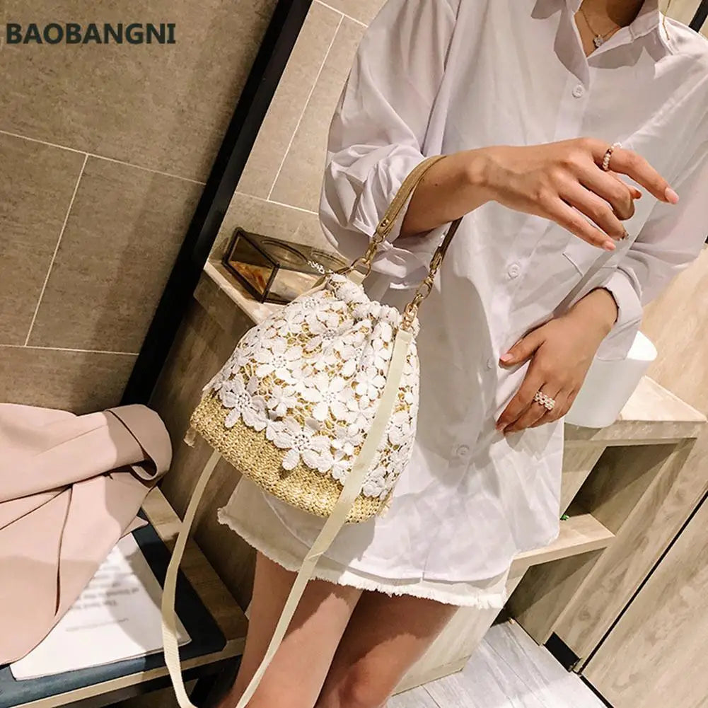 Flower Lace Straw Bags For Women Rattan Bucket Shoulder Bags Female Handbags