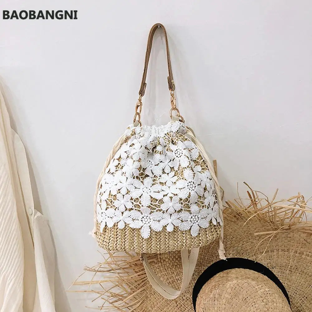 Flower Lace Straw Bags For Women Rattan Bucket Shoulder Bags Female Handbags