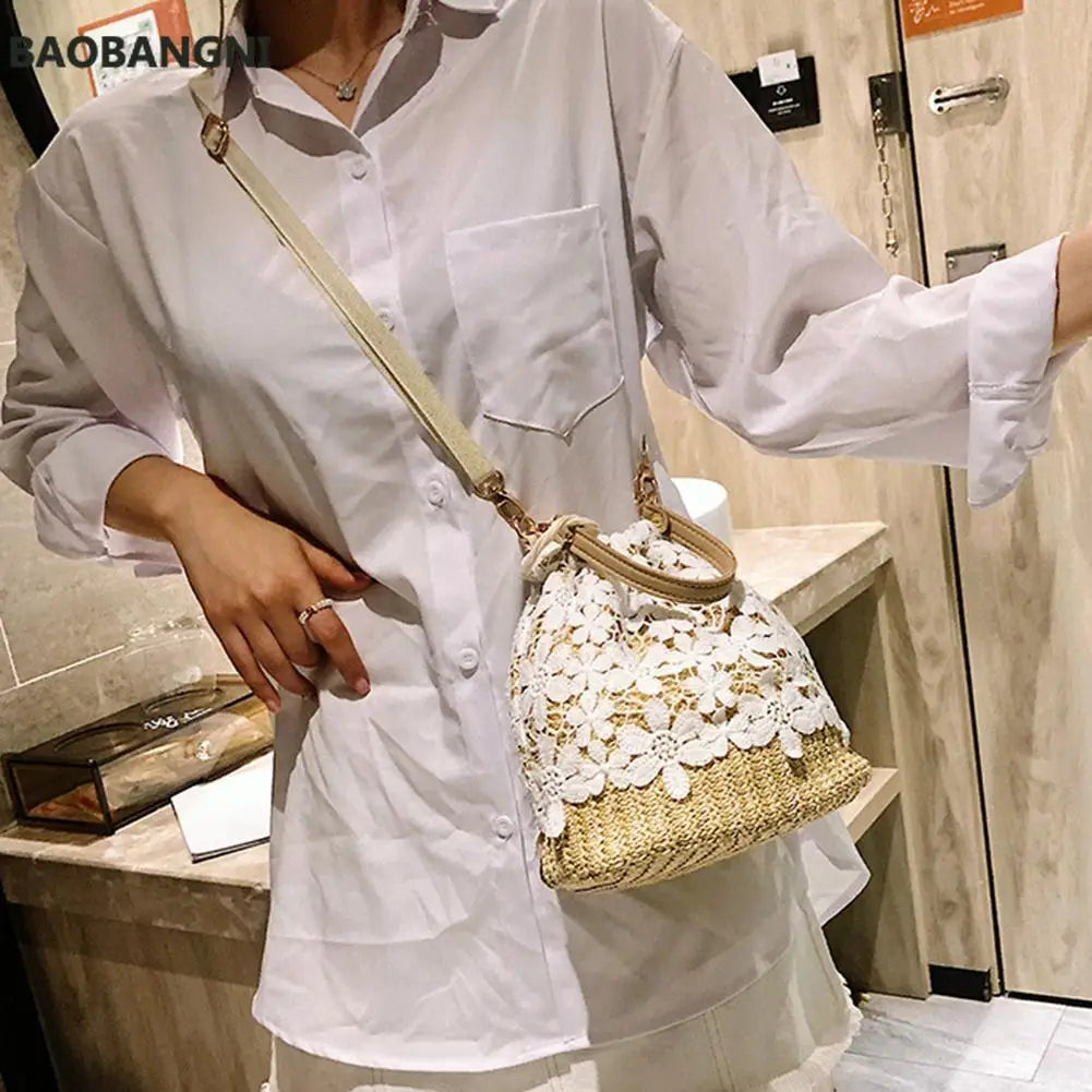 Flower Lace Straw Bags For Women Rattan Bucket Shoulder Bags Female Handbags