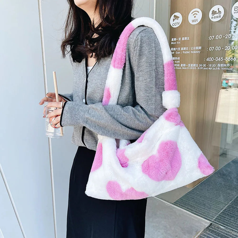 Flower Love Heart Printing Bag Women Plush Shoulder Bag