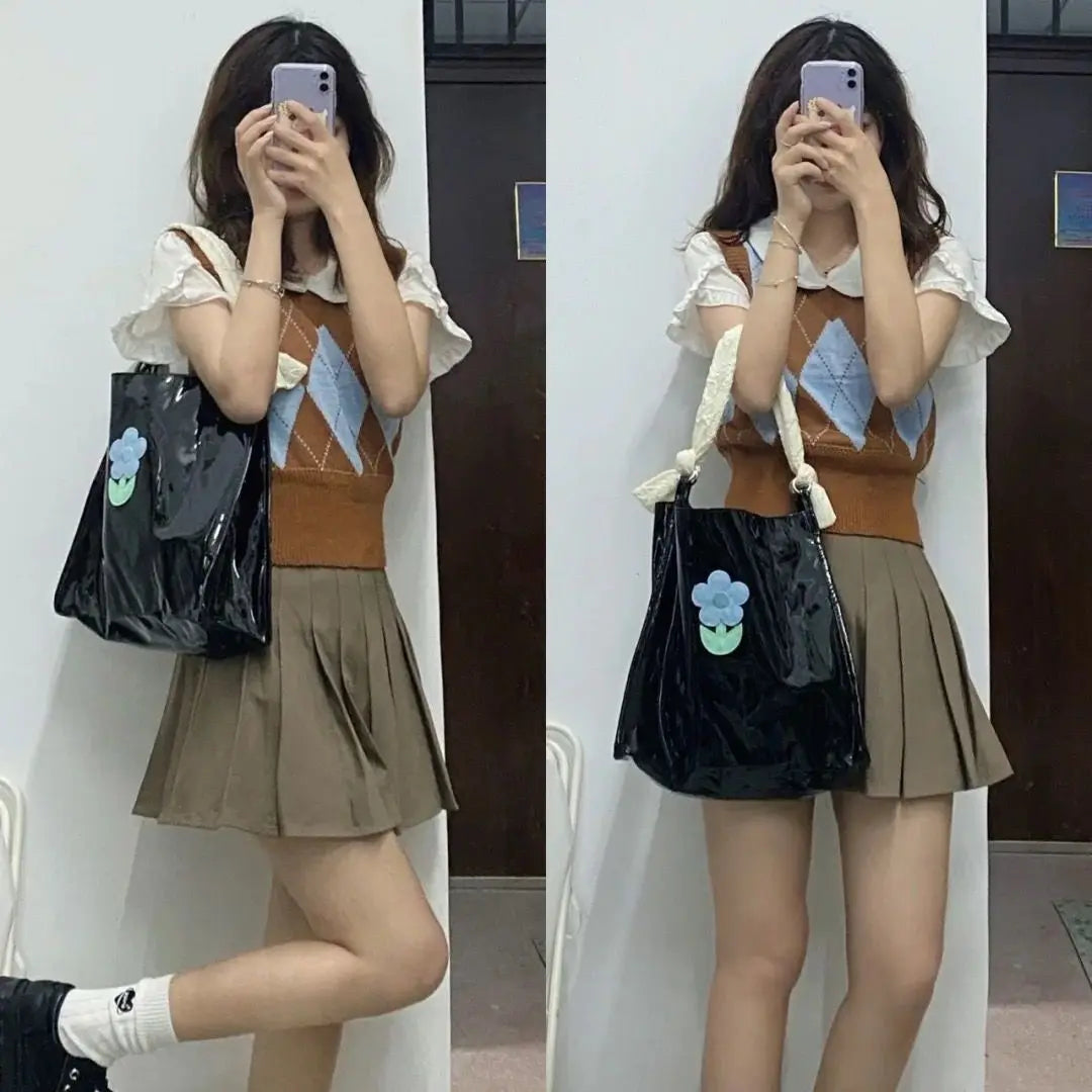 Flower Pattern Women Casual Tote Shoulder Bag Patent Leather Large Purse