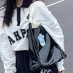 Flower Pattern Women Casual Tote Shoulder Bag Patent Leather Large Purse