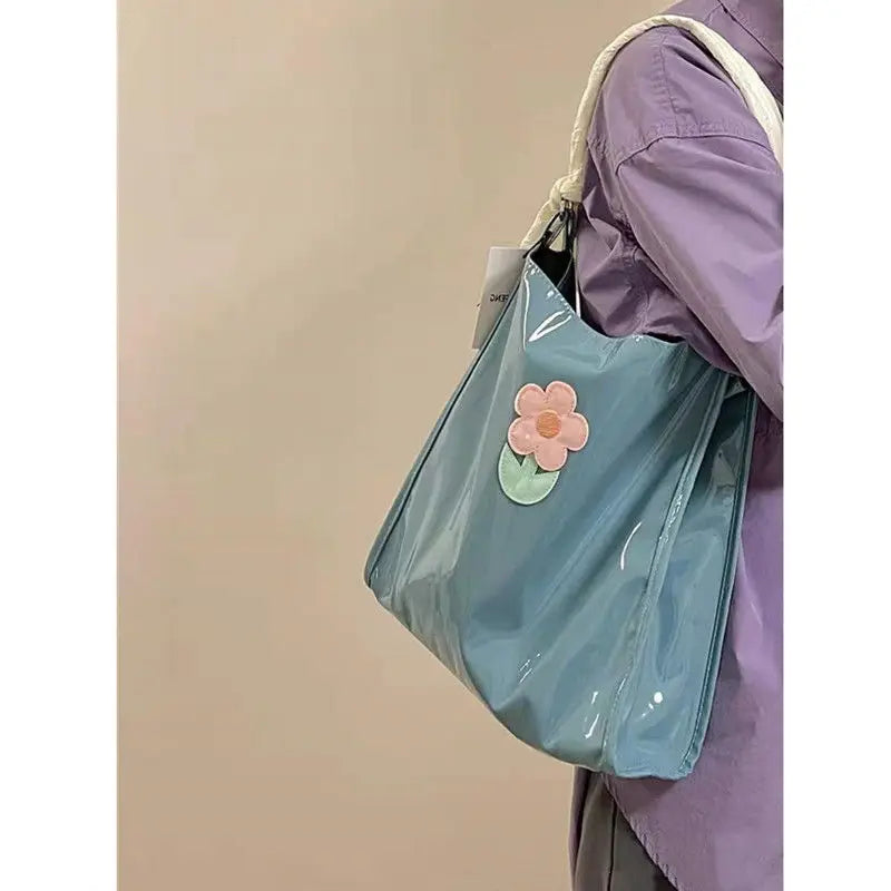 Flower Pattern Women Casual Tote Shoulder Bag Patent Leather Large Purse