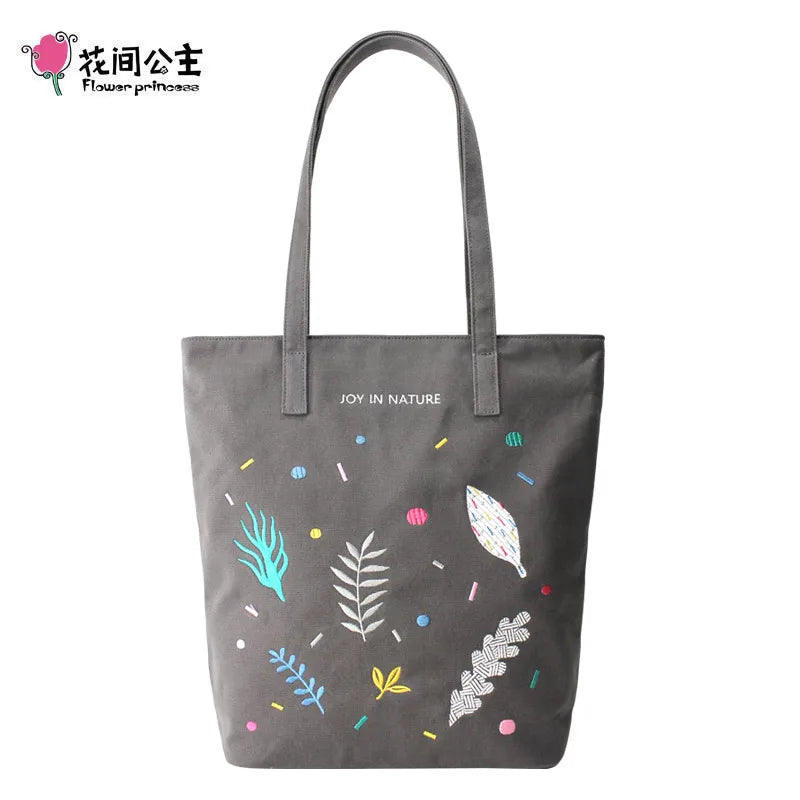 Women's Embroidered Canvas Shoulder Bag Large Capacity Lightweight Handbag