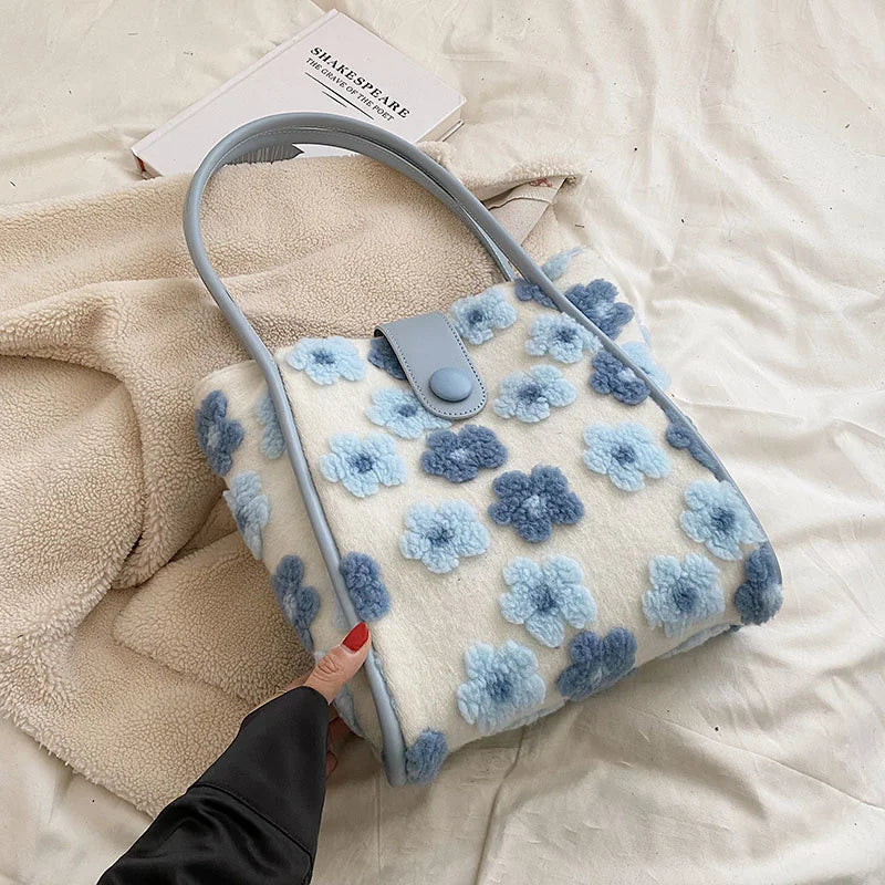 Flower Print Shoulder Bags for Women Winter Faux Fur Travel Handbags