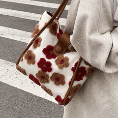Flower Print Shoulder Bags for Women Winter Faux Fur Travel Handbags