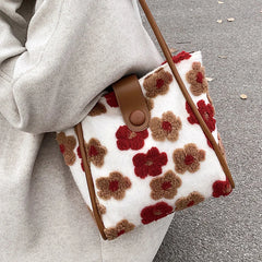 Flower Print Shoulder Bags for Women Winter Faux Fur Travel Handbags