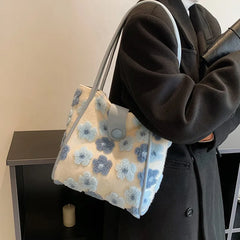 Flower Print Shoulder Bags for Women Winter Faux Fur Travel Handbags