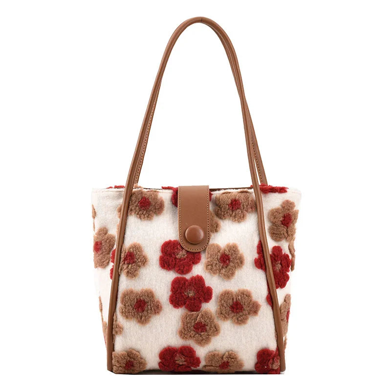 Flower Print Shoulder Bags for Women Winter Faux Fur Travel Handbags