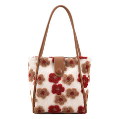 Flower Print Shoulder Bags for Women Winter Faux Fur Travel Handbags