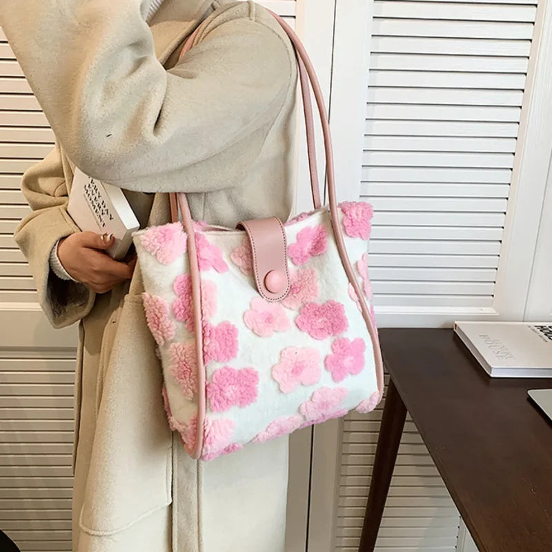 Flower Print Shoulder Bags for Women Winter Faux Fur Travel Handbags