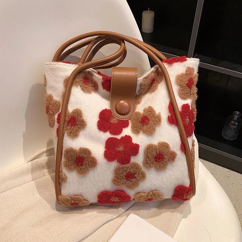 Flower Print Shoulder Bags for Women Winter Faux Fur Travel Handbags