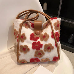 Flower Print Shoulder Bags for Women Winter Faux Fur Travel Handbags