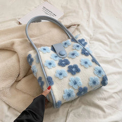 Flower Print Shoulder Bags for Women Winter Faux Fur Travel Handbags