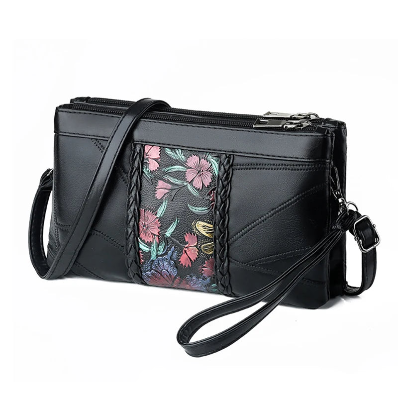 Flower Print Sheepskin Leather Small Shoulder Bag for Women