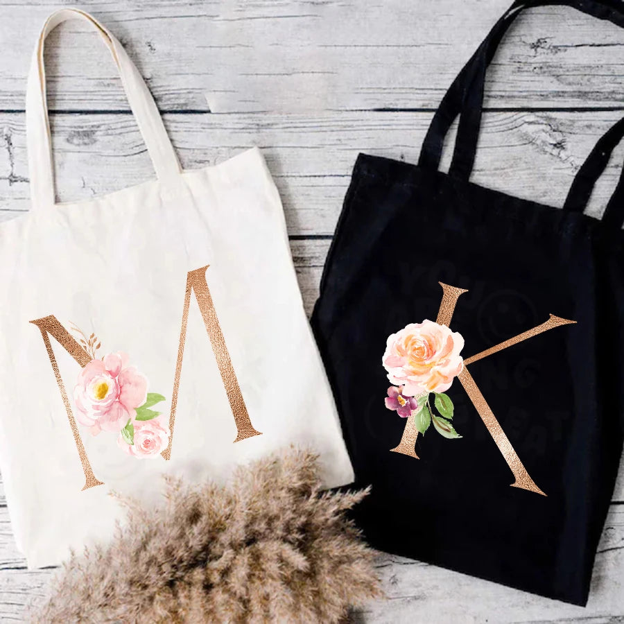 Flowers Alphabet A-Z Women Shopping Tote Bags Canvas Large Capacity