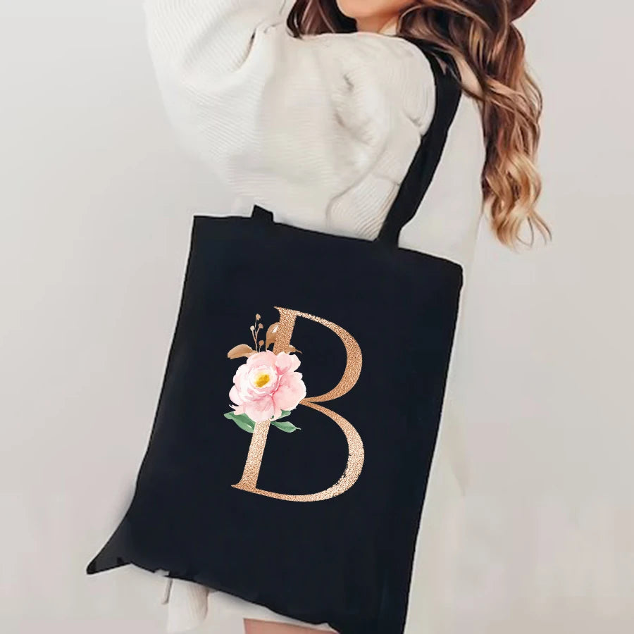 Flowers Alphabet A-Z Women Shopping Tote Bags Canvas Large Capacity