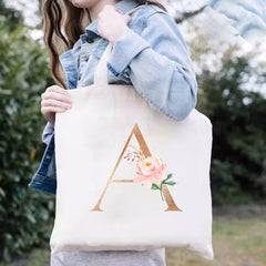 Flowers Alphabet A-Z Women Shopping Tote Bags Canvas Large Capacity