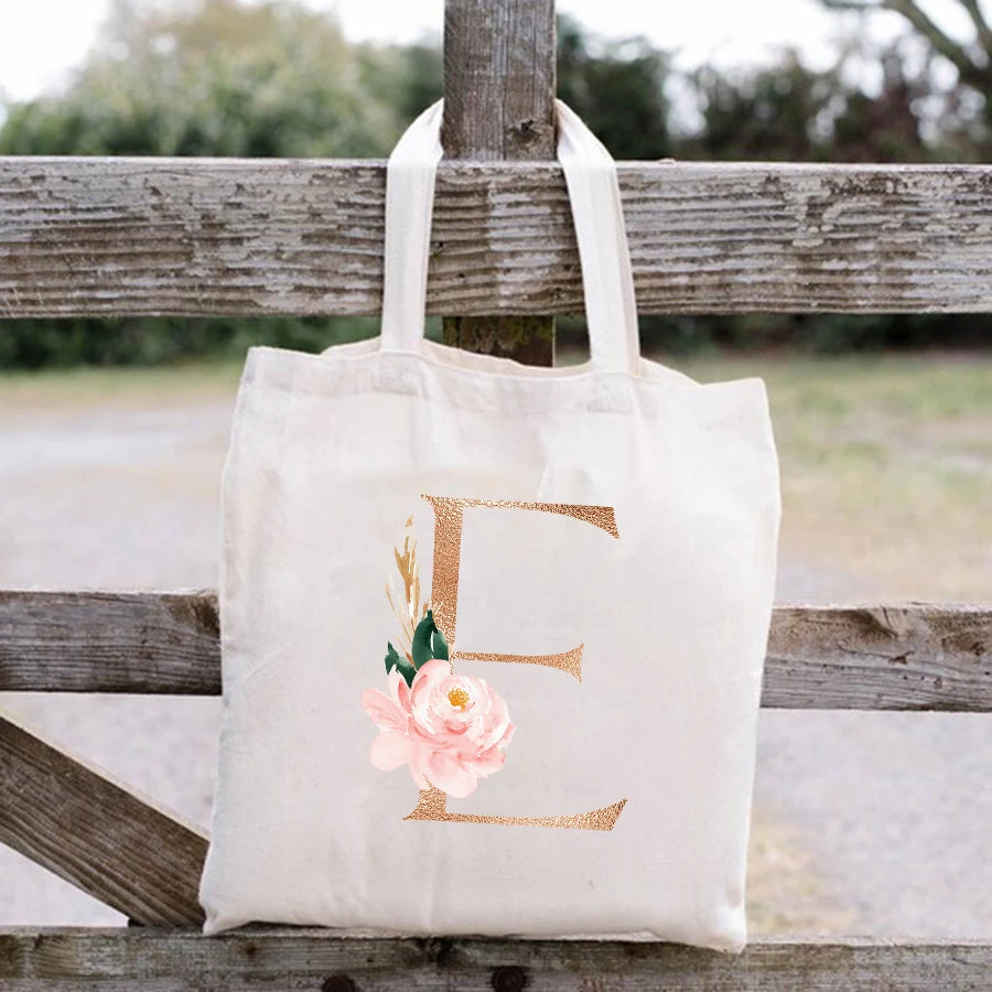 Flowers Alphabet A-Z Women Shopping Tote Bags Canvas Large Capacity