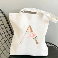 Flowers Alphabet A-Z Women Shopping Tote Bags Canvas Large Capacity