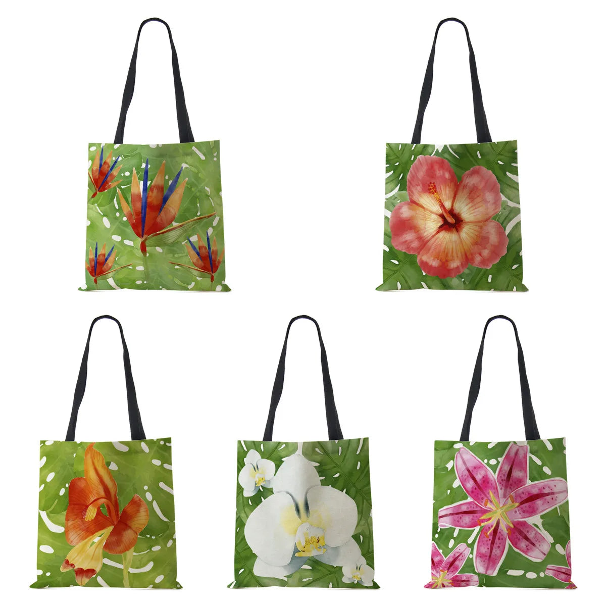 Flowers Canvas Shoulder Bag Large Capacity Reusable Casual Handbag