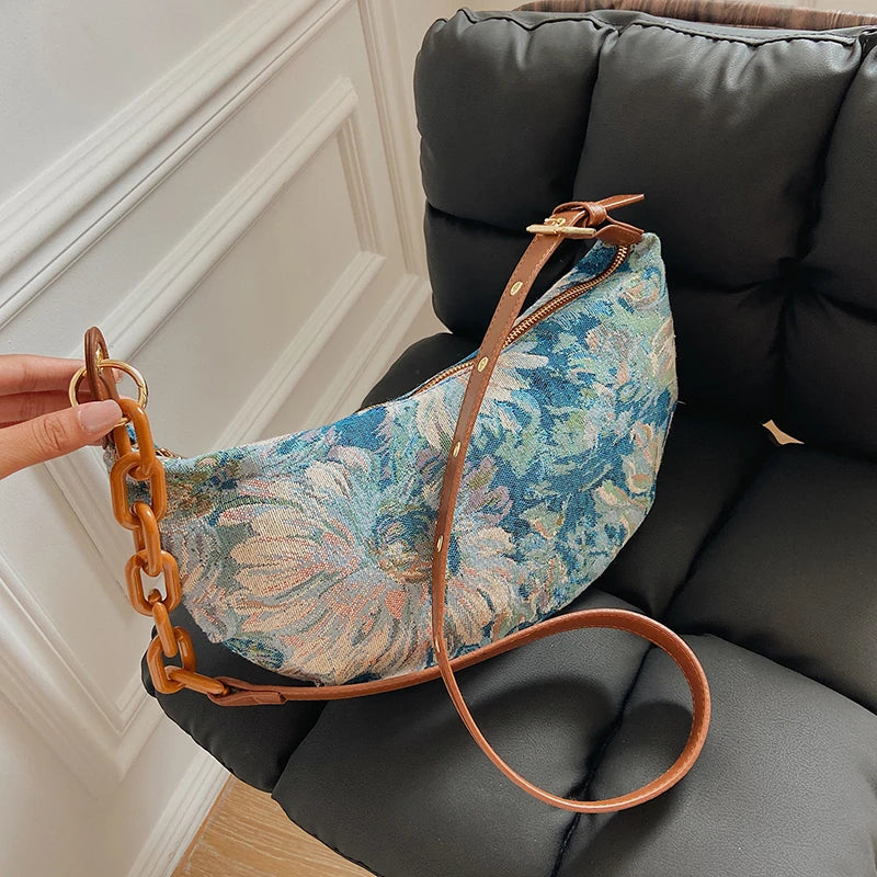 Flowers Pattern Shoulder Bags for Women Casual Chains Hobos Bag