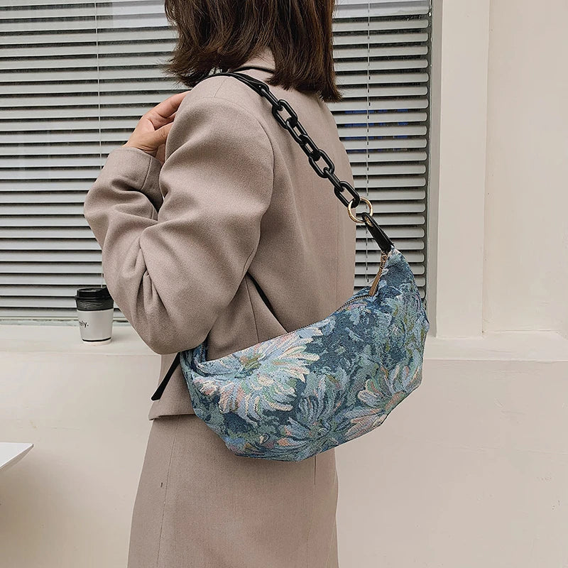 Flowers Pattern Shoulder Bags for Women Casual Chains Hobos Bag