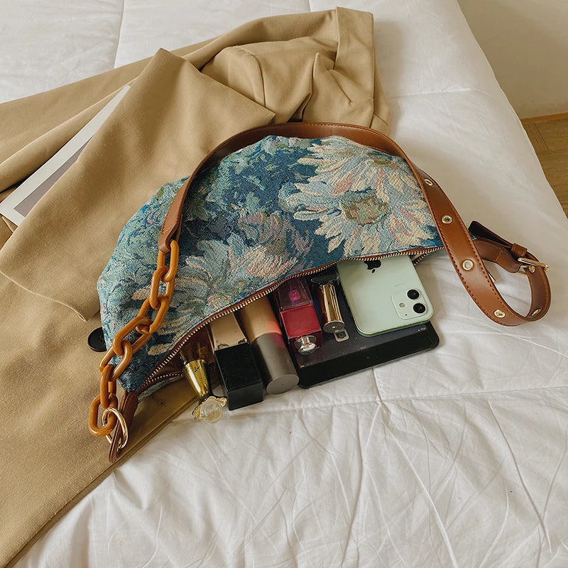 Flowers Pattern Shoulder Bags for Women Casual Chains Hobos Bag