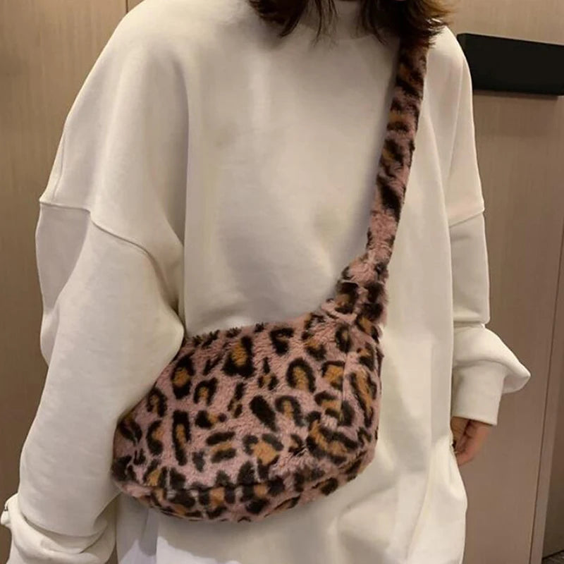 Leopard Print Crossbody Bag Women Soft Plush Handbag