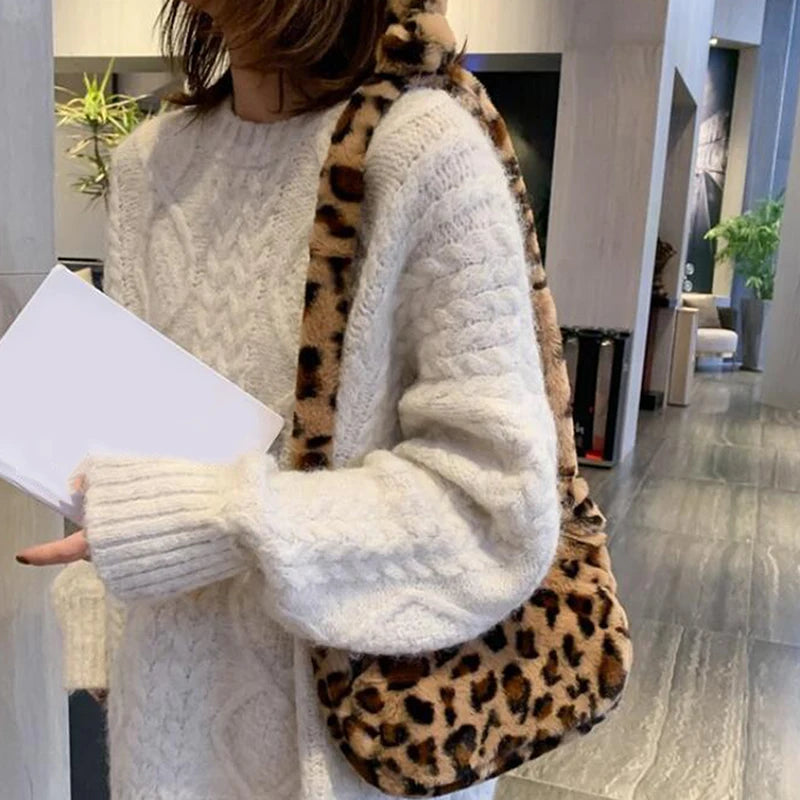 Leopard Print Crossbody Bag Women Plush Soft Casual Shoulder Messenger Bag