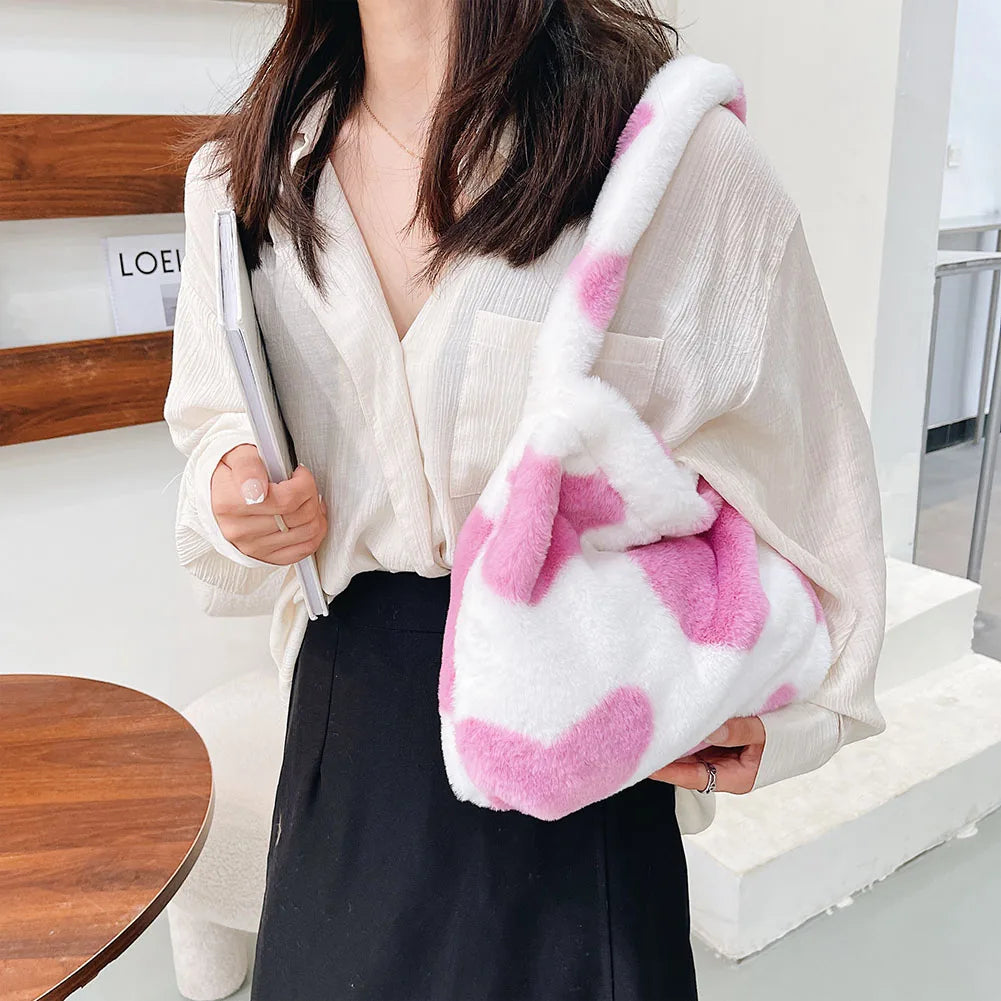 Heart Printed Plush Shoulder Bag for Women