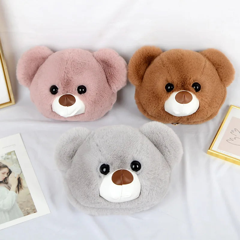Fluffy Rabbit Fur Bear Messenger Bag For Women Girls Plush Bears Zipper Handbags