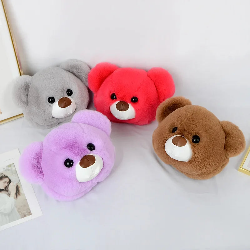 Fluffy Rabbit Fur Bear Messenger Bag For Women Girls Plush Bears Zipper Handbags