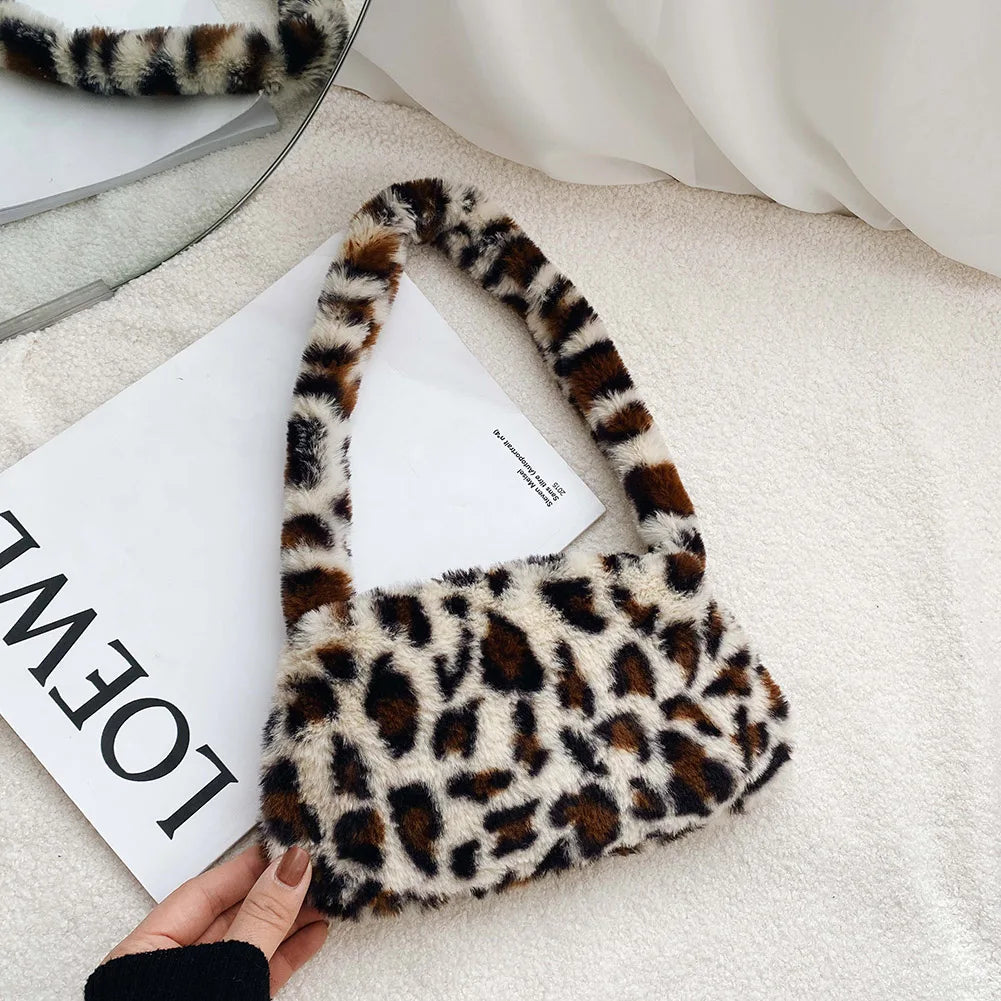 Fluffy Women's Plush Handbag Animal Printed Street Travel Bags