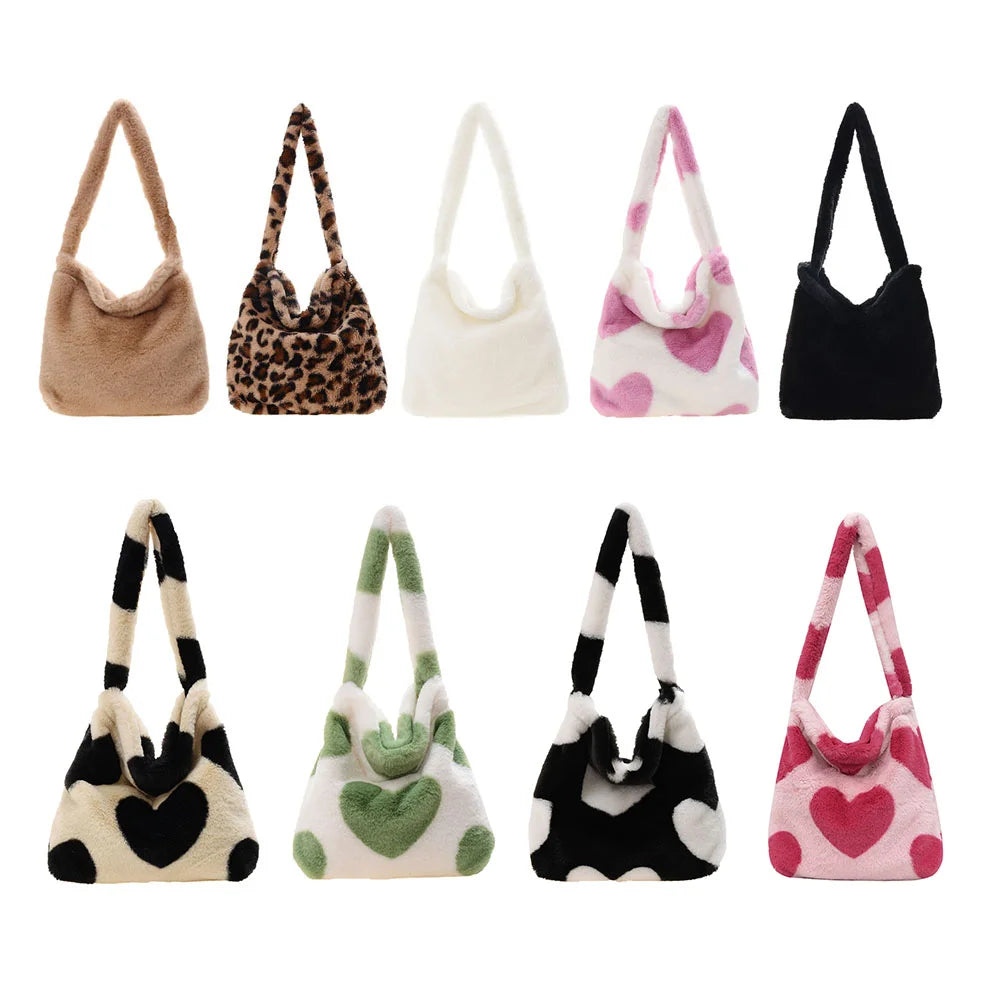 Fluffy Women's Plush Handbag Animal Printed Street Travel Bags
