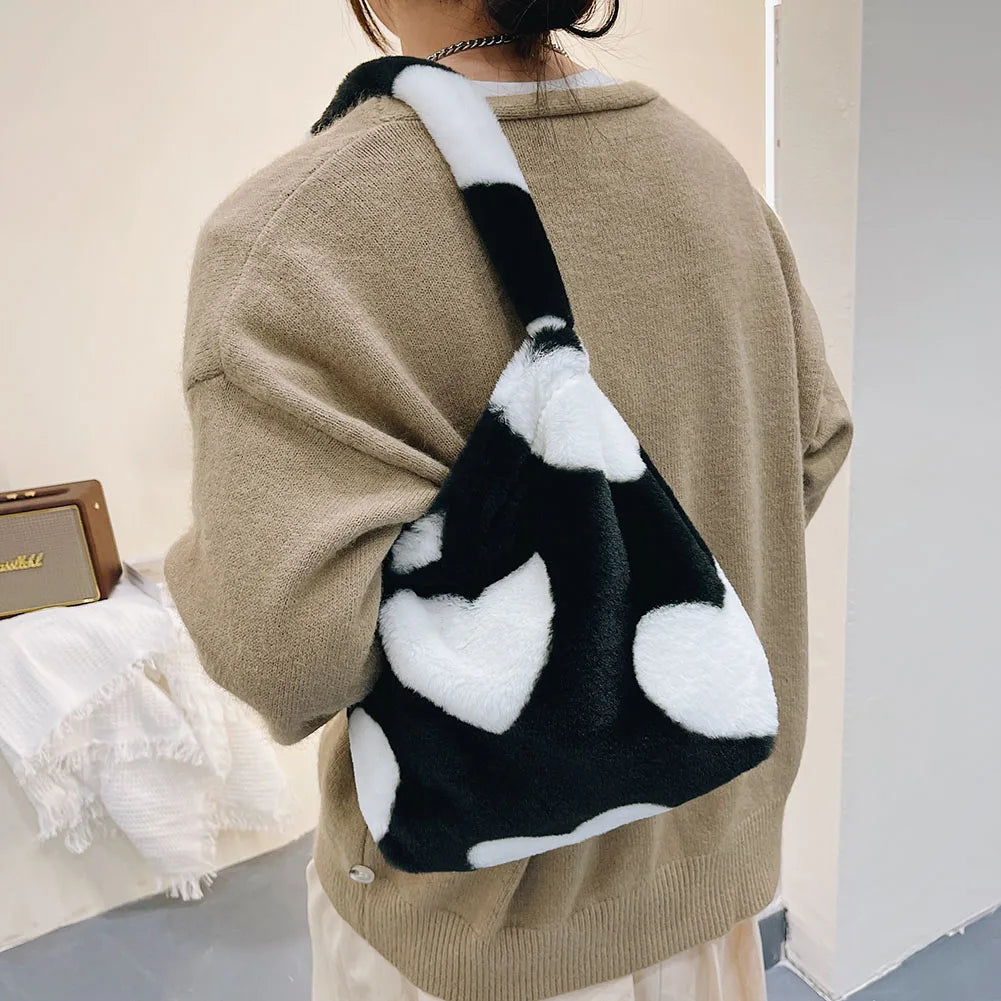Fluffy Women's Plush Handbag Animal Printed Street Travel Bags