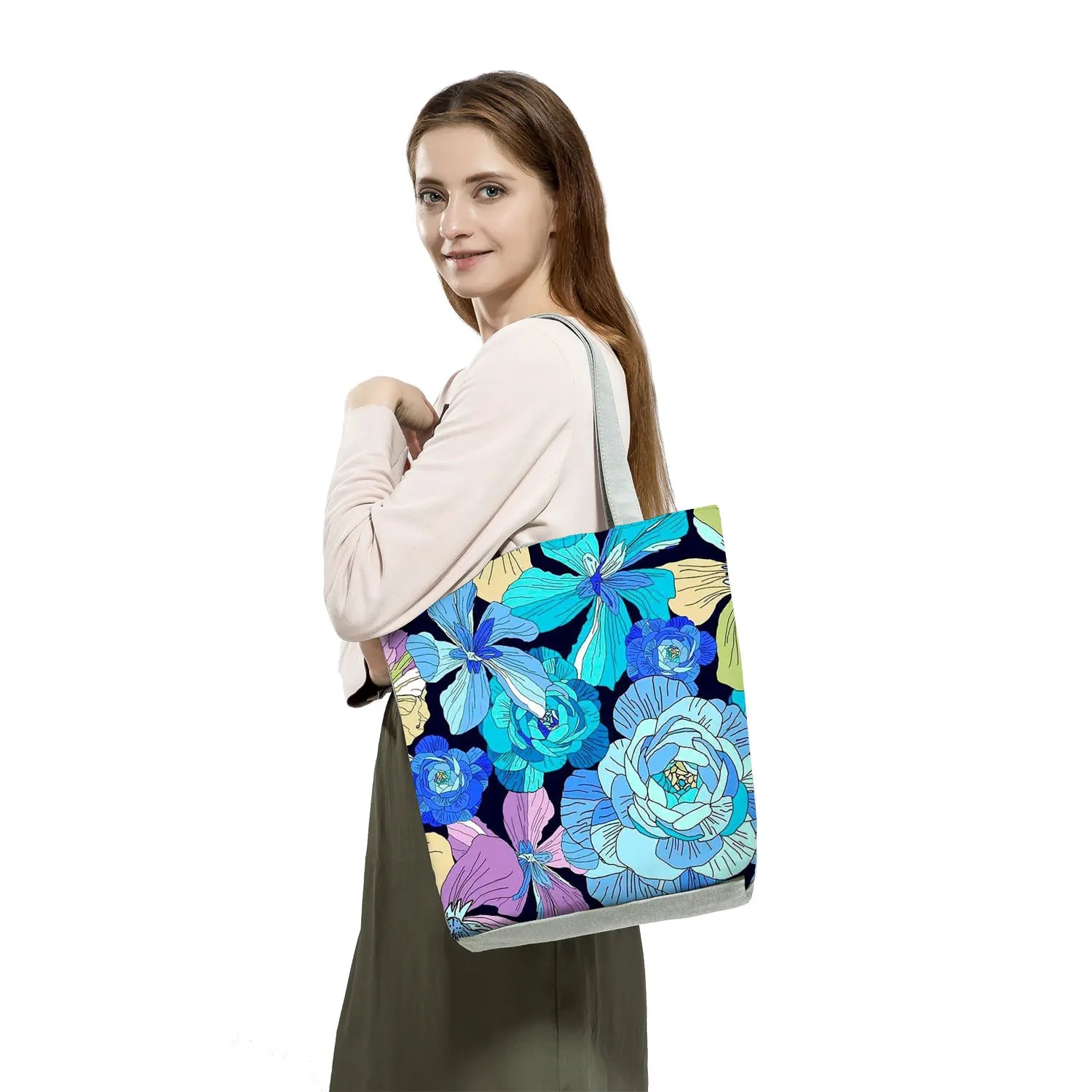 Floral Tote Bag Pretty Blossom Print Handbag High Capacity Portable Shopping Bag