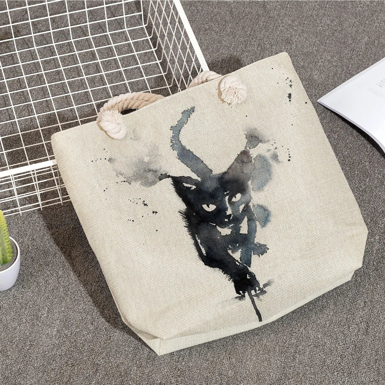 Foldable Cat Print Tote Bag High Capacity Reusable Shoulder Bag
