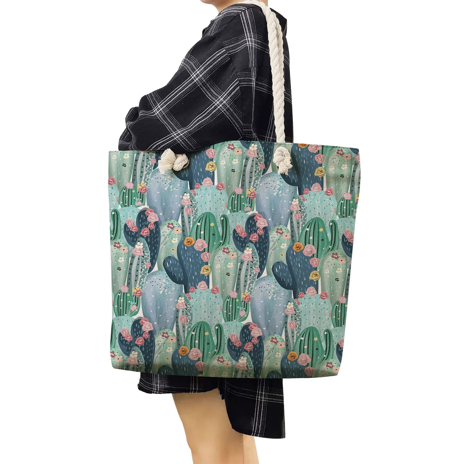 Foldable Travel Beach Rope Shoulder Bag Floral Print Handbags High Capacity