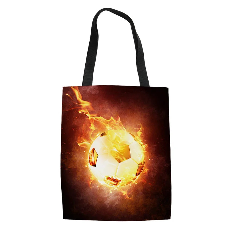 Women Canvas Football Print Shopping Bag Reusable Tote Travel Handbag