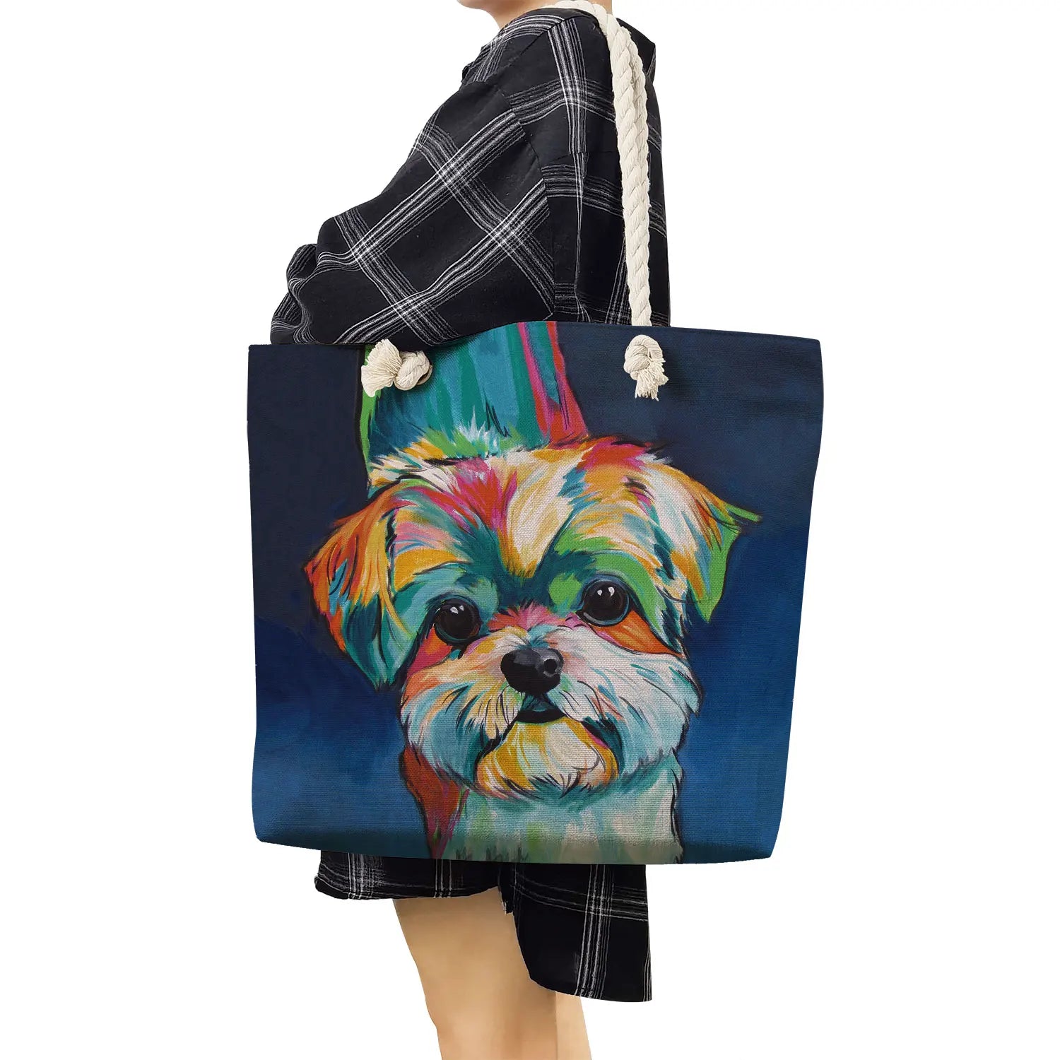 Oil Painting Dog Print Women Handbag Large Capacity Shoulder Bag