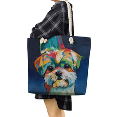 Oil Painting Dog Print Women Handbag Large Capacity Shoulder Bag