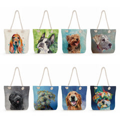 Oil Painting Dog Print Women Handbag Large Capacity Shoulder Bag