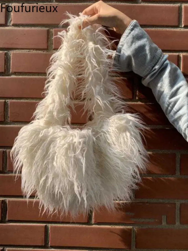Faux Fur Women Shoulder Bags Soft Plush Female Purse Handbags