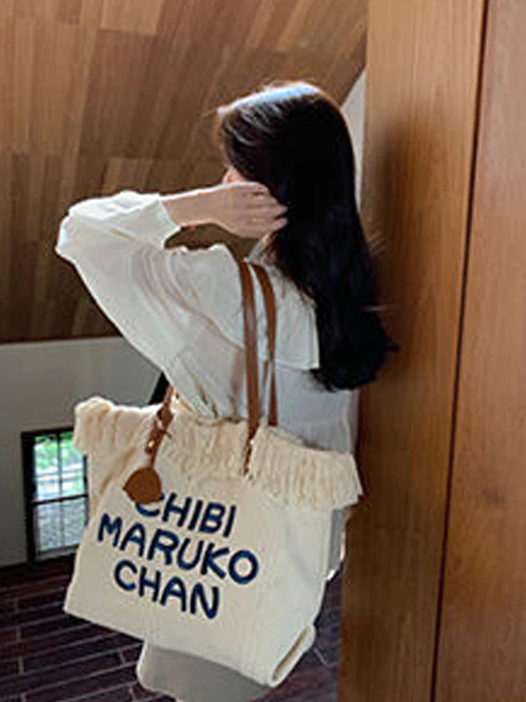 Canvas Tassel Tote Bags Women Handbag Embroidery Shoulder Bag
