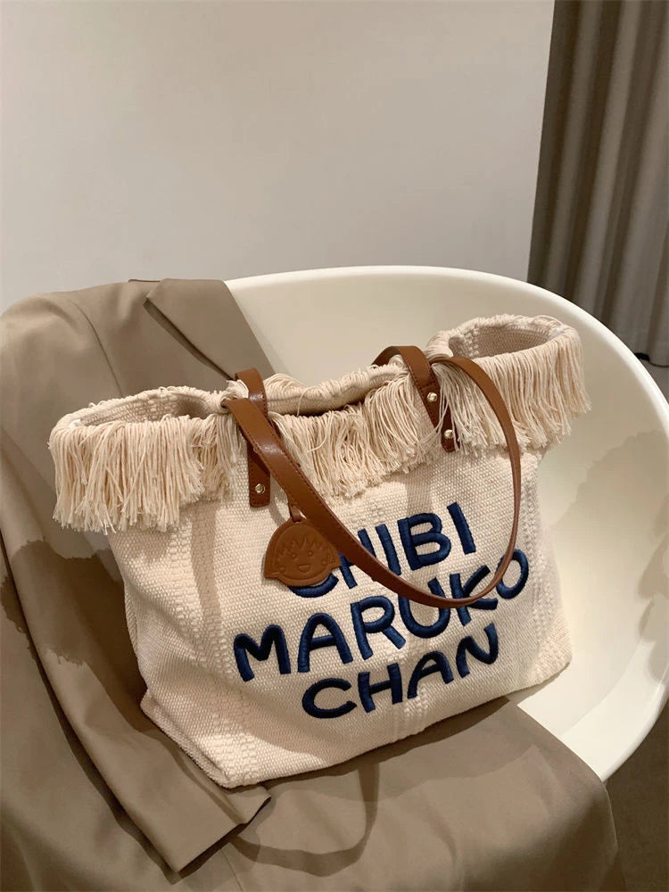 Canvas Tassel Tote Bags Women Handbag Embroidery Shoulder Bag